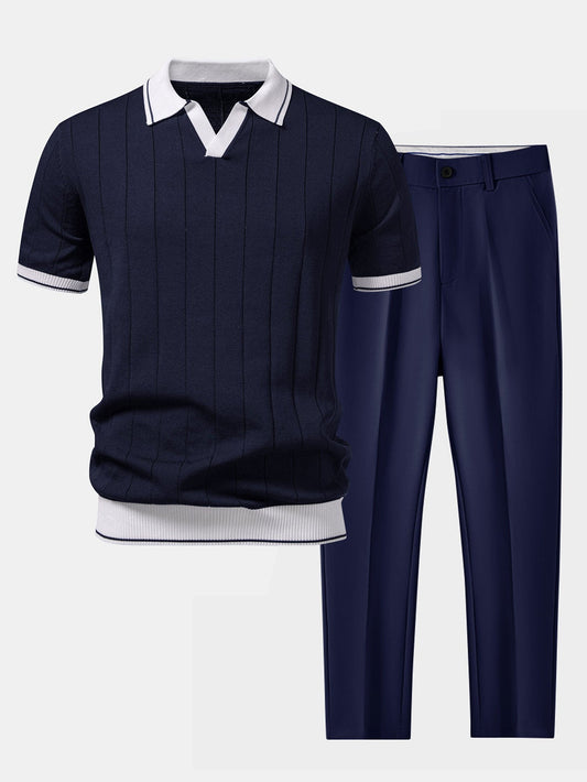 Montarello Men's Ribbed-Knit Polo and Tapered Trousers Smart Casual Set