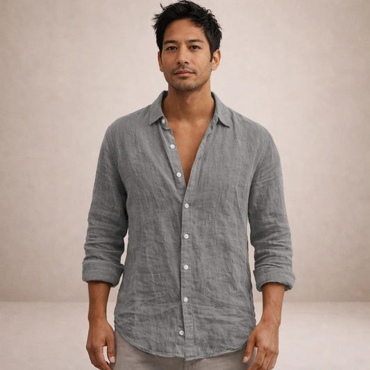 Montarello Men's Linen-Look Open Collar Shirt Long Sleeve