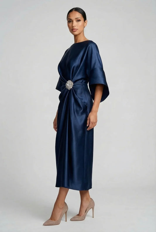 Montarello Women's Satin-Look Batwing Sleeve Wedding Guest Midi Dress