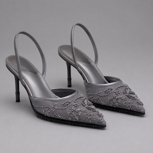 Montarello Women's Embroidered Mesh Kitten Heel Slingbacks