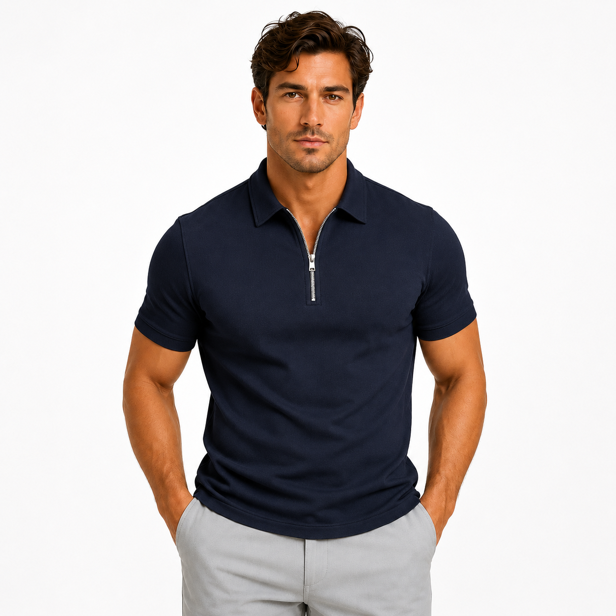 Montarello Men's Zip-Neck Slim-Fit Short-Sleeve Polo Shirt