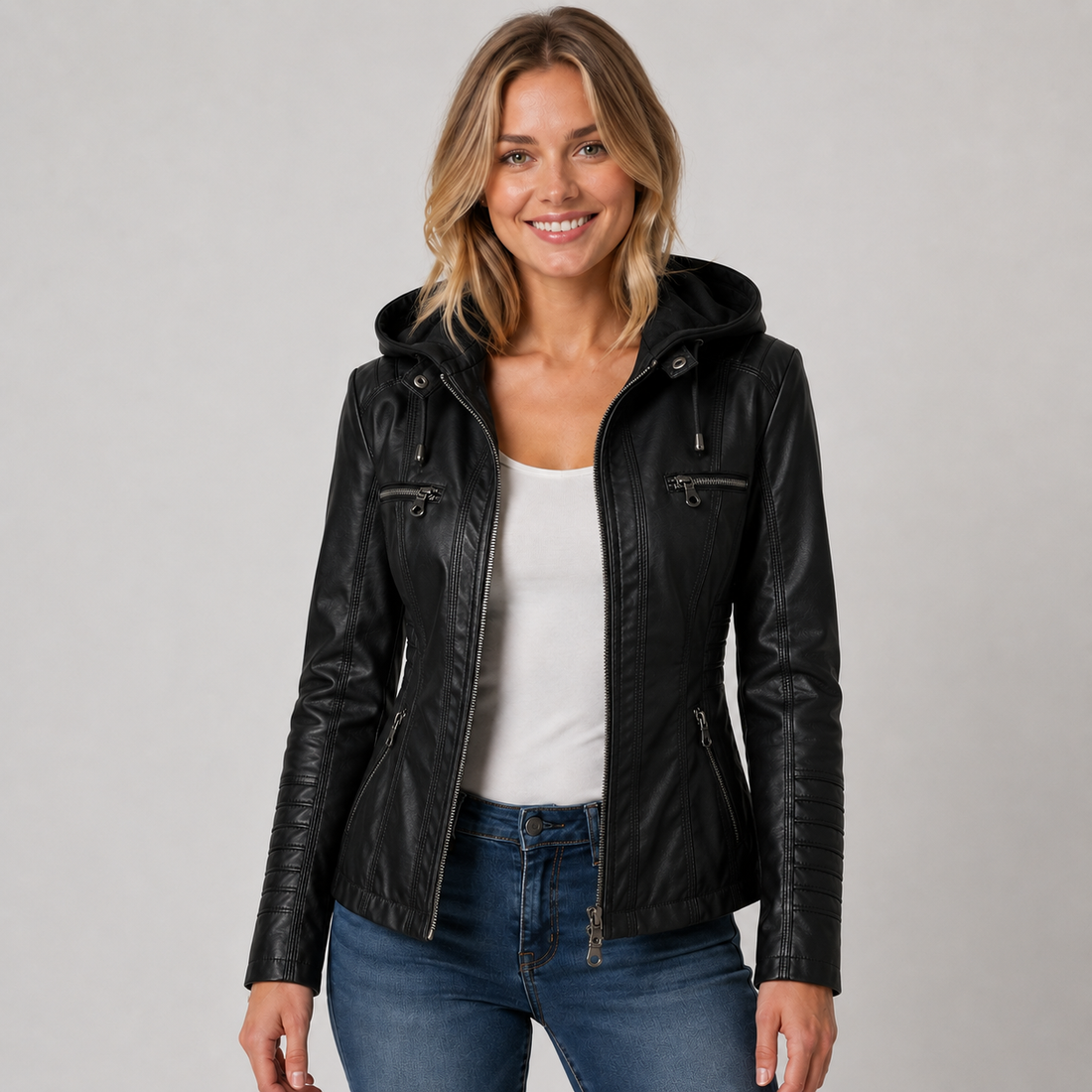Montarello Women's Jacket Leather-Look Hooded Zip Up