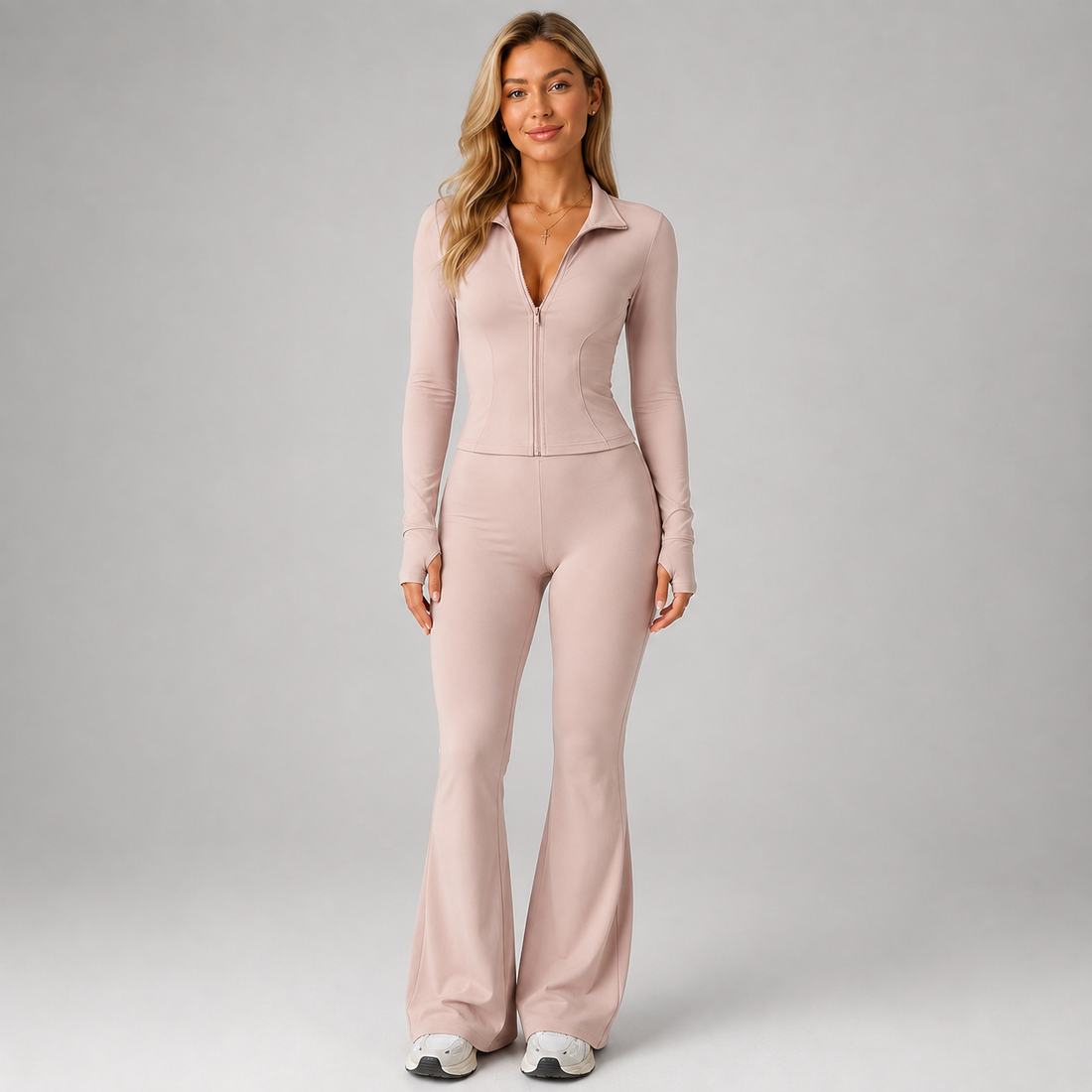 Montarello Women's Co-Ord Set Ribbed Zip Top Flared Trousers