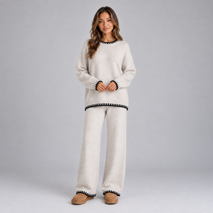 Montarello Women's Lounge Set Knitted Contrast Trim Wide Leg