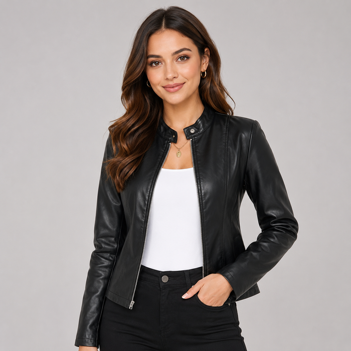 Montarello Women's Faux Leather Biker Jacket with Zip Front