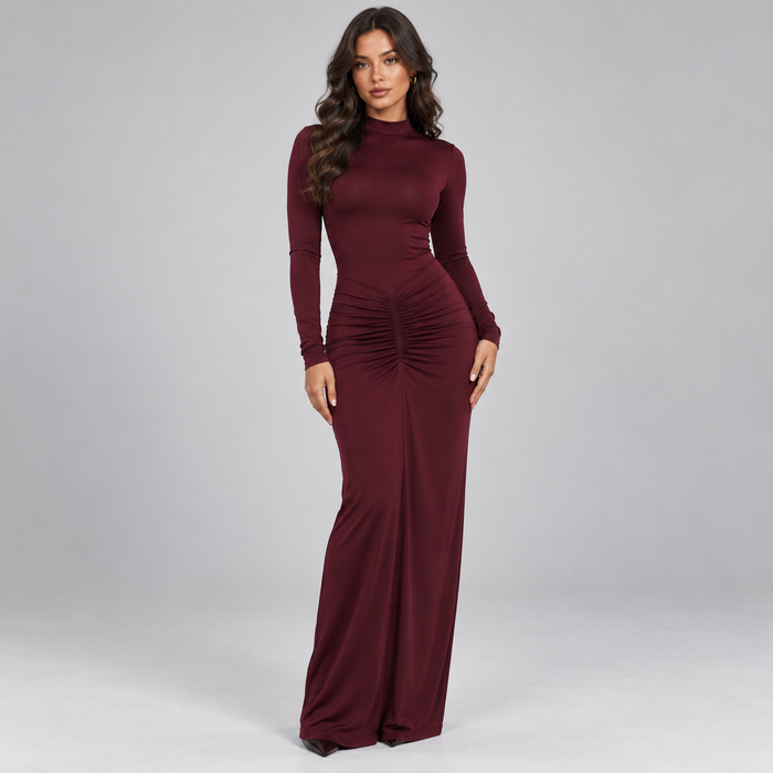 Montarello Women's Ruched Front High Neck Maxi Evening Dress