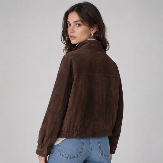 Montarello Women's Suede-Look Cropped Jacket with Snap Front