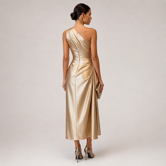 Montarello Women's Satin-Look One-Shoulder Ruched Wedding Guest Midi Dress