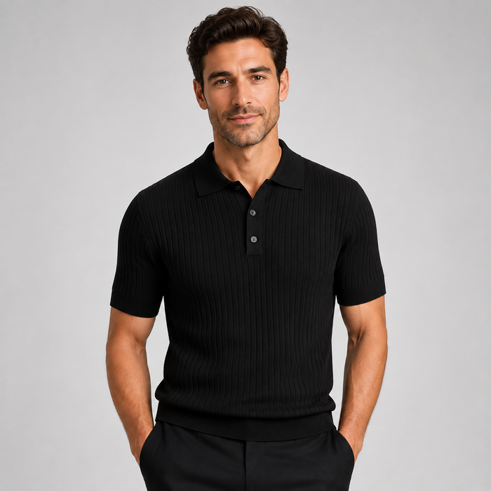 Montarello Men's Striped Knit Polo Shirt with Lapel Collar