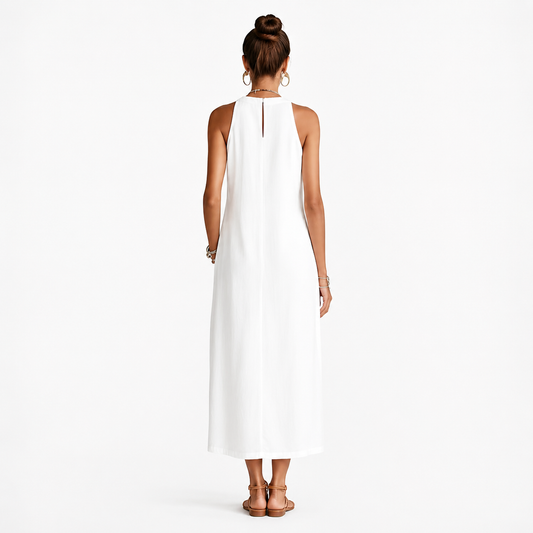 Montarello Women's Sleeveless Stand-Collar Linen-Blend Summer Midi Dress