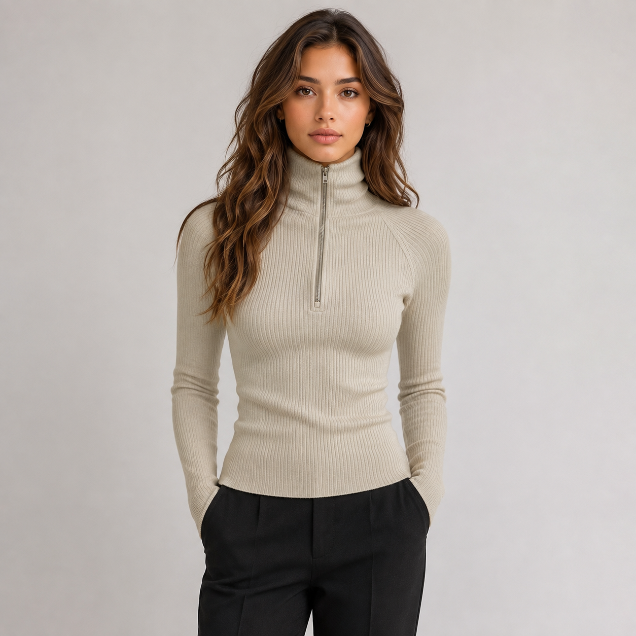 Montarello Women's Roll Neck Top Long Sleeve Zip