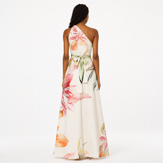 Montarello Women's Floral Satin-Look One-Shoulder Wedding Guest Maxi Dress