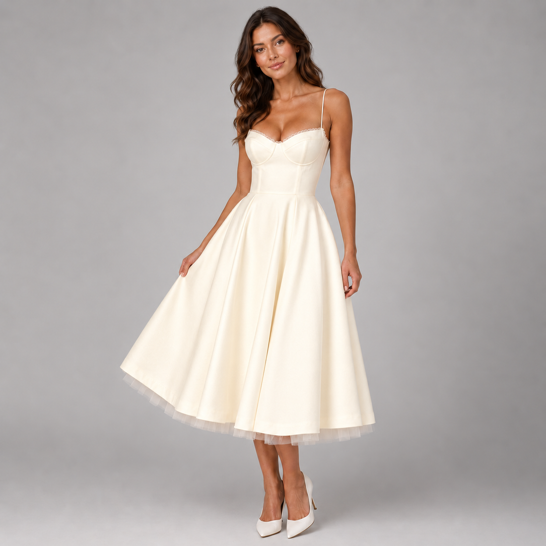 Montarello Women's Corset Midi Dress with Full Skirt – Wedding Guest Style