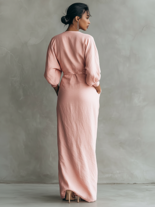 Montarello Women's V-Neck Linen-Look Wrap Maxi Dress