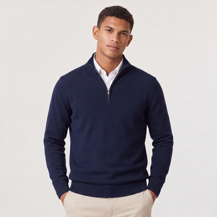 Montarello Men's Quarter-Zip Knitted-Look Sweater with Stand Collar