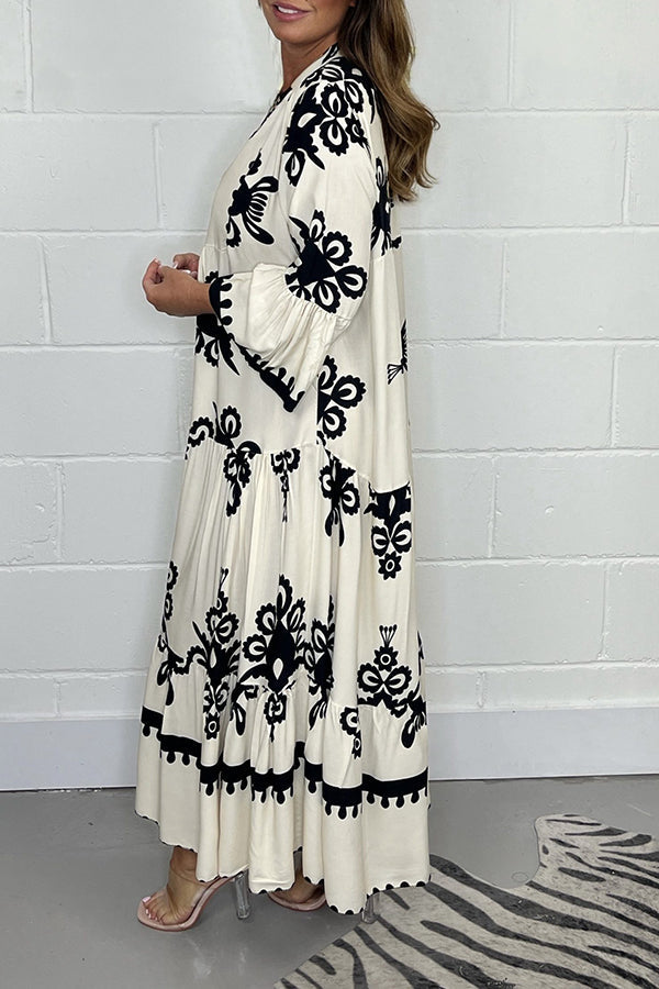 Montarello Women's V-Neck Floral Print Tiered Flared-Sleeve Maxi Dress