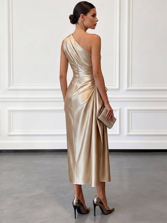 Montarello Women's Satin-Look One-Shoulder Ruched Wedding Guest Midi Dress