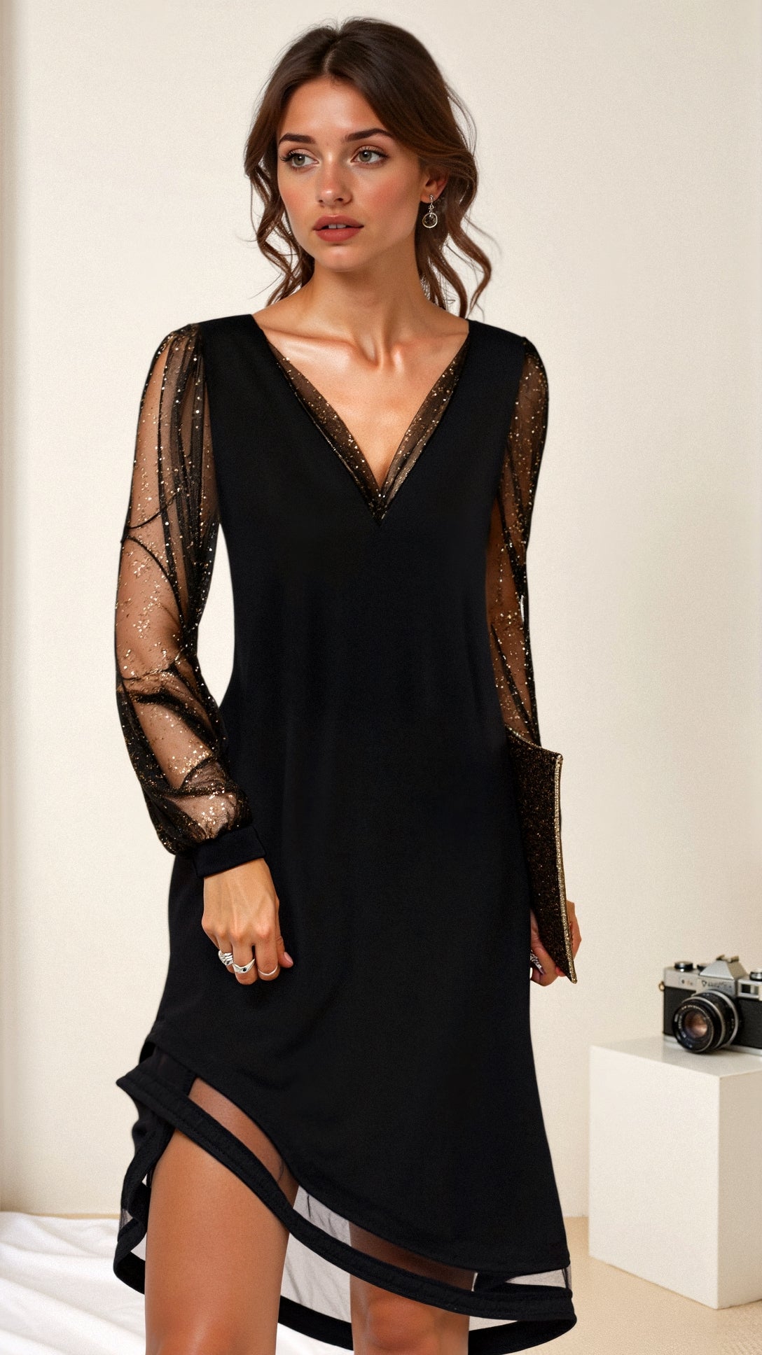 Montarello Women's Deep V-Neck Sheer Sleeve Party Mini Dress