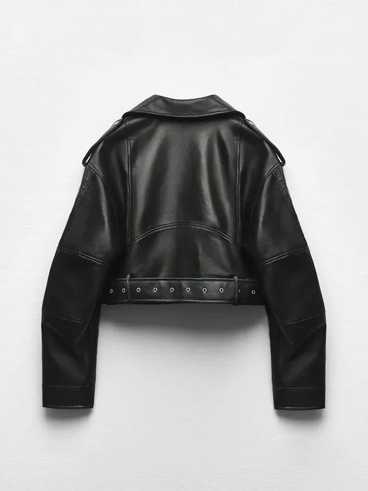 Montarello Women's Leather-Look Belted Biker Jacket