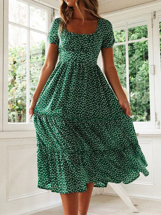 Robe midi femme Montarello à col carré imprimé fleuri manches bouffantes