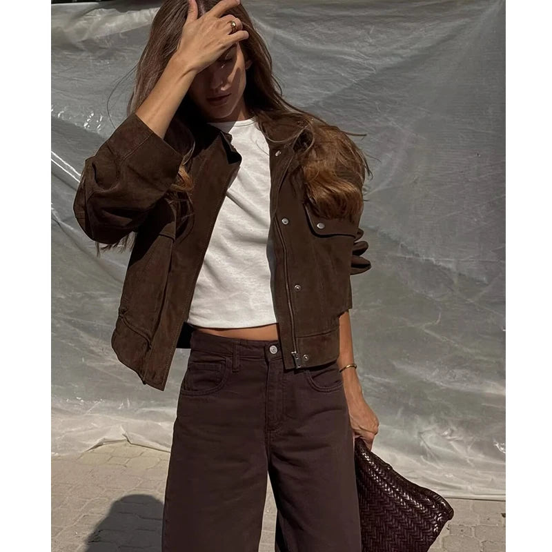 Montarello Women's Suede-Look Cropped Jacket with Snap Front