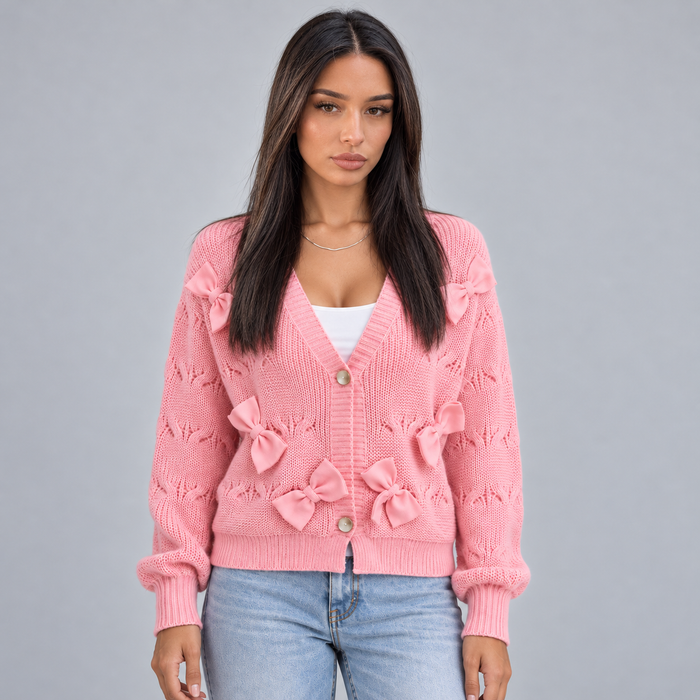 Montarello Women's Cardigan Bow Detail V-Neck Button Front