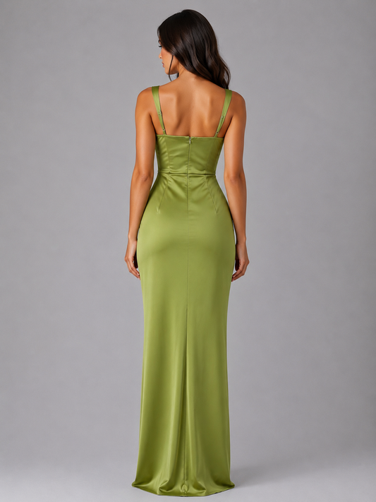 Montarello Women's Satin-Look Ruched Waist Maxi Dress – Wedding Guest Style