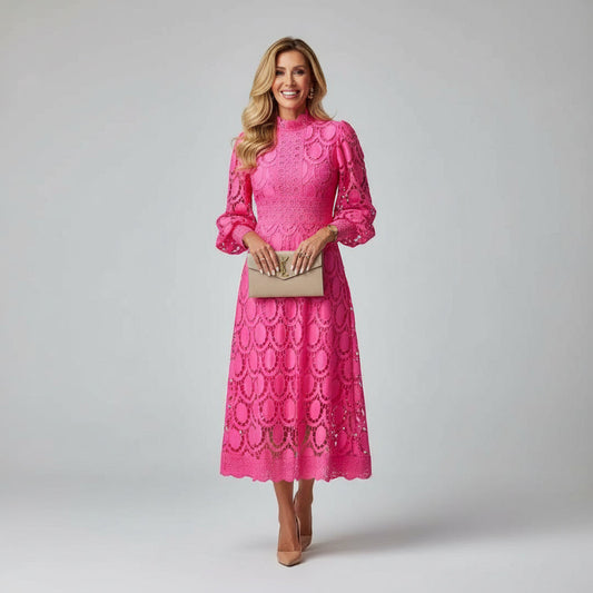 Montarello Women's Long-Sleeve Lace Wedding Guest Midi Dress