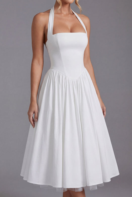 Montarello Women's Halter Neck A-Line Midi Wedding Guest Dress