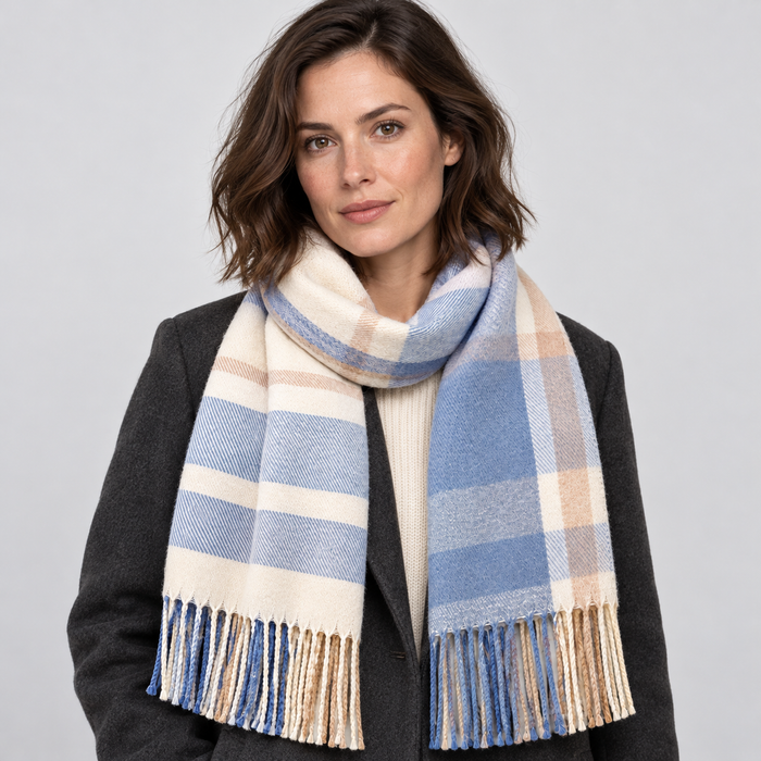 Montarello Women’s Scarf Check Tassel Brushed Soft — Blue — front view worn by model