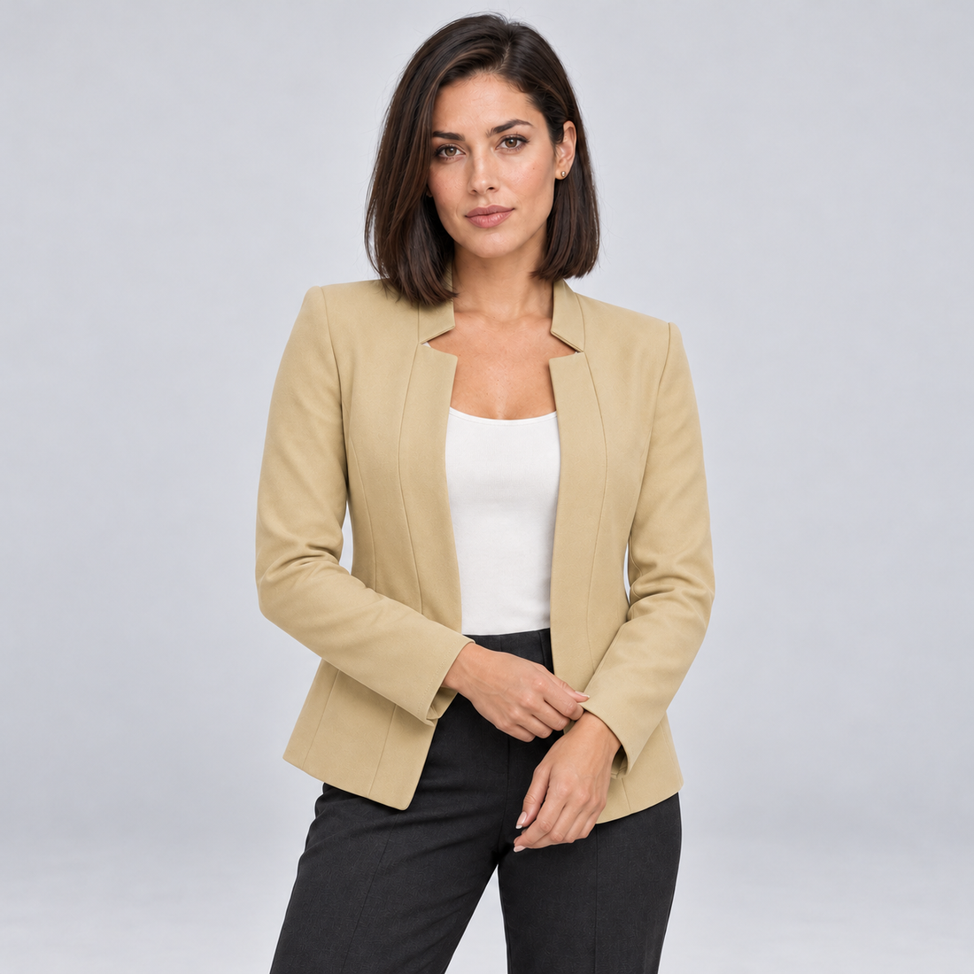 Montarello Women's Open Front Longline Blazer - Khaki - front studio view