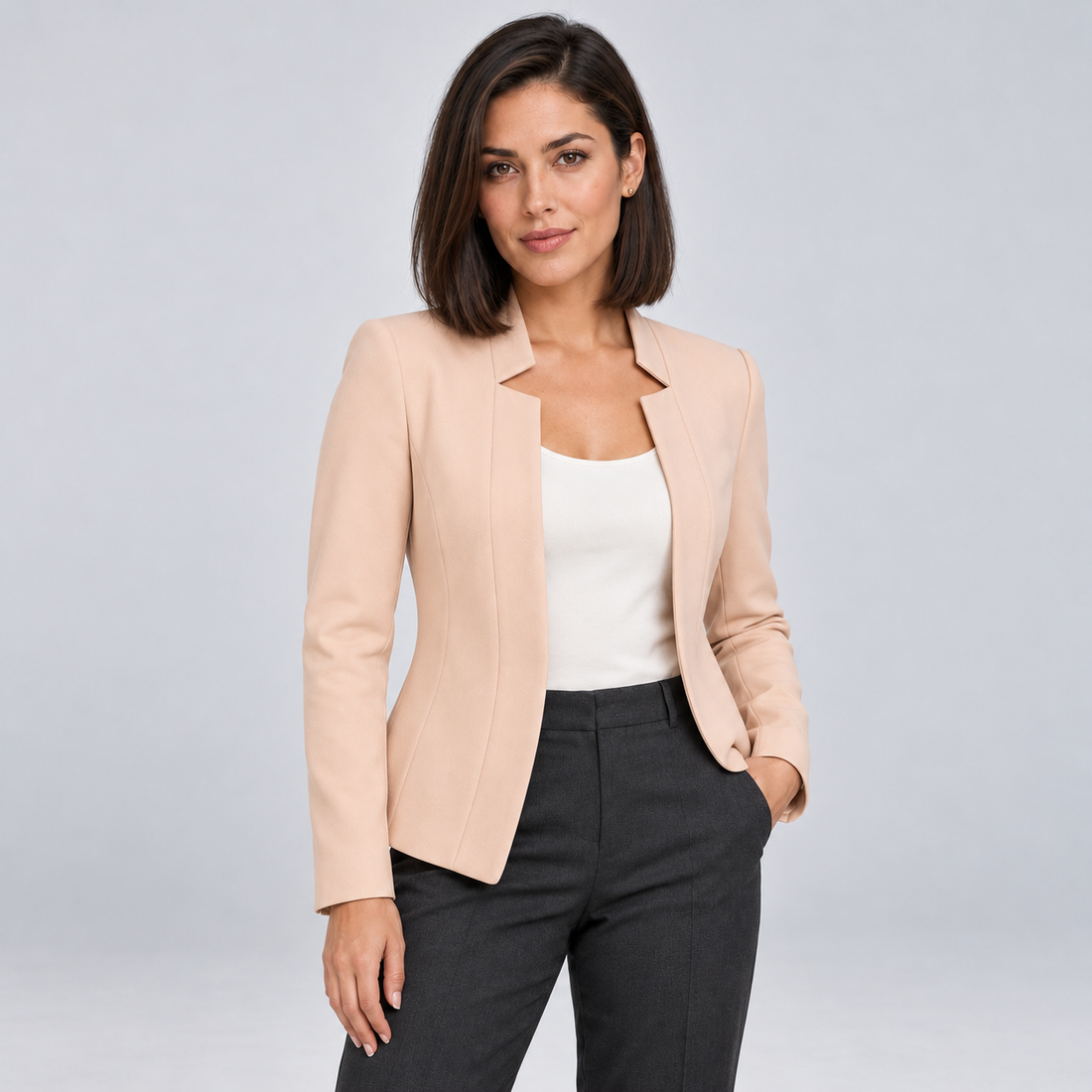Montarello Women's Open Front Longline Blazer - Pink - front studio view