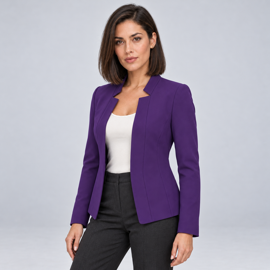 Montarello Women's Open Front Longline Blazer - Purple - front studio view