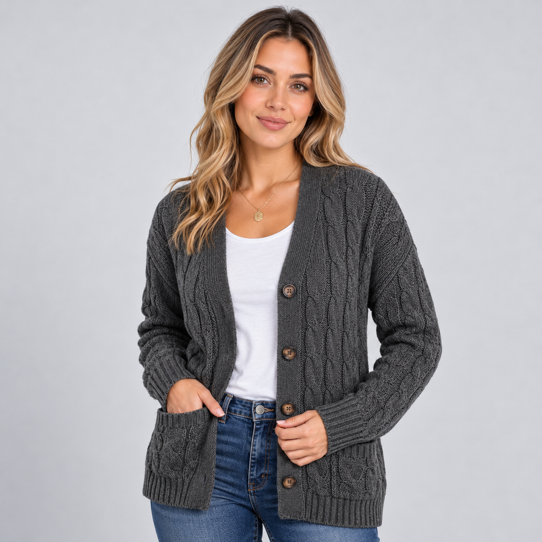 Montarello women's cable knit cardigan – dark grey front
