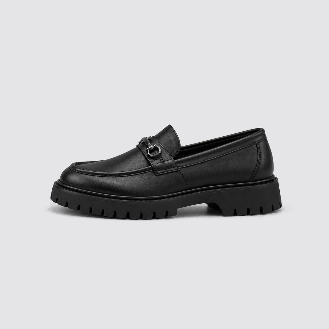 Matt Black shoe, side view, background #e5e5e7