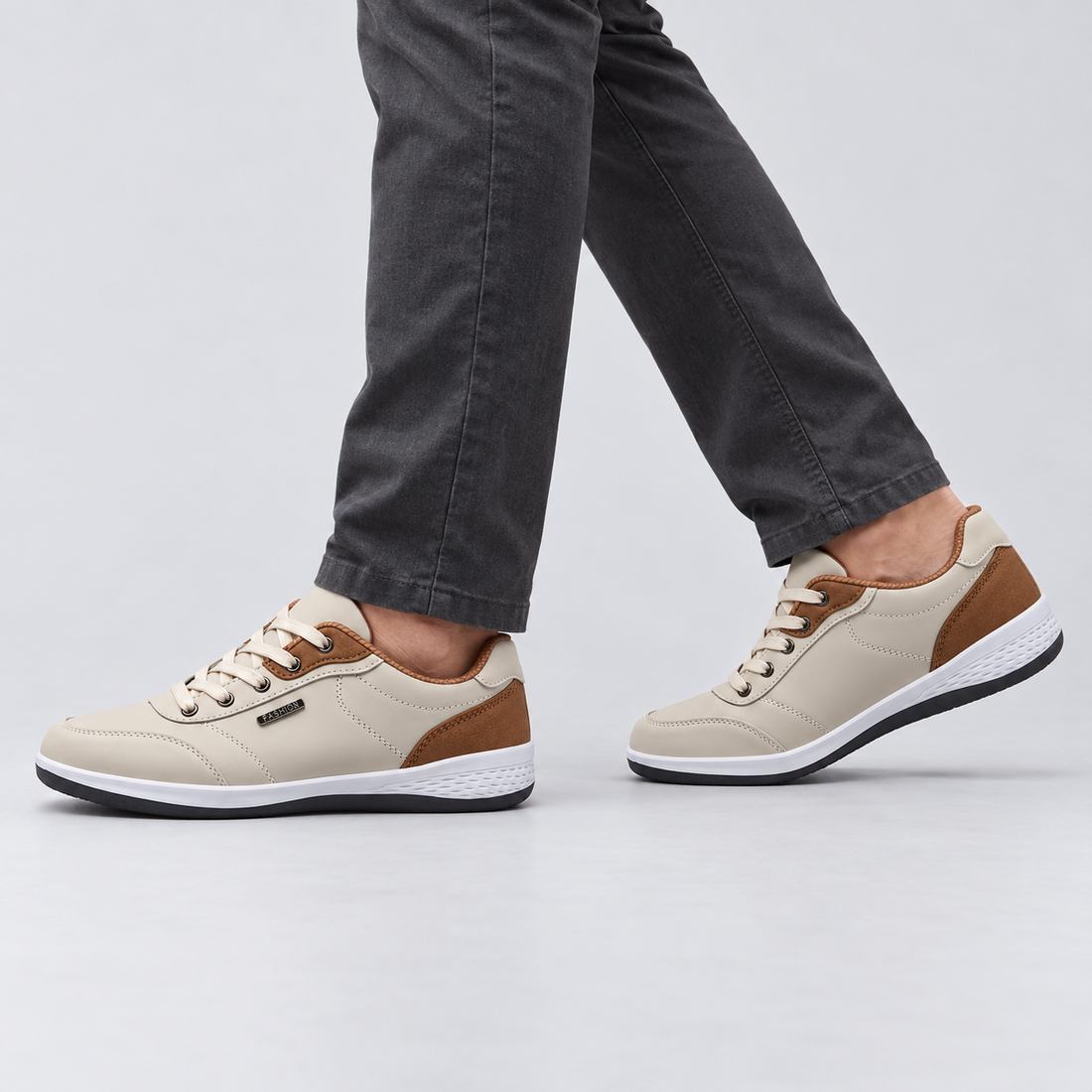 Montarello Men's Trainers Lace-Up with Contrast Heel — Beige — worn with trousers