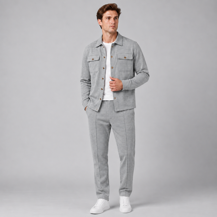 Montarello men's light grey textured overshirt and trousers co-ord set — front view