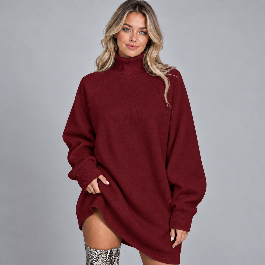 Montarello women's oversized high neck jumper dress – wine red dress – studio photograph