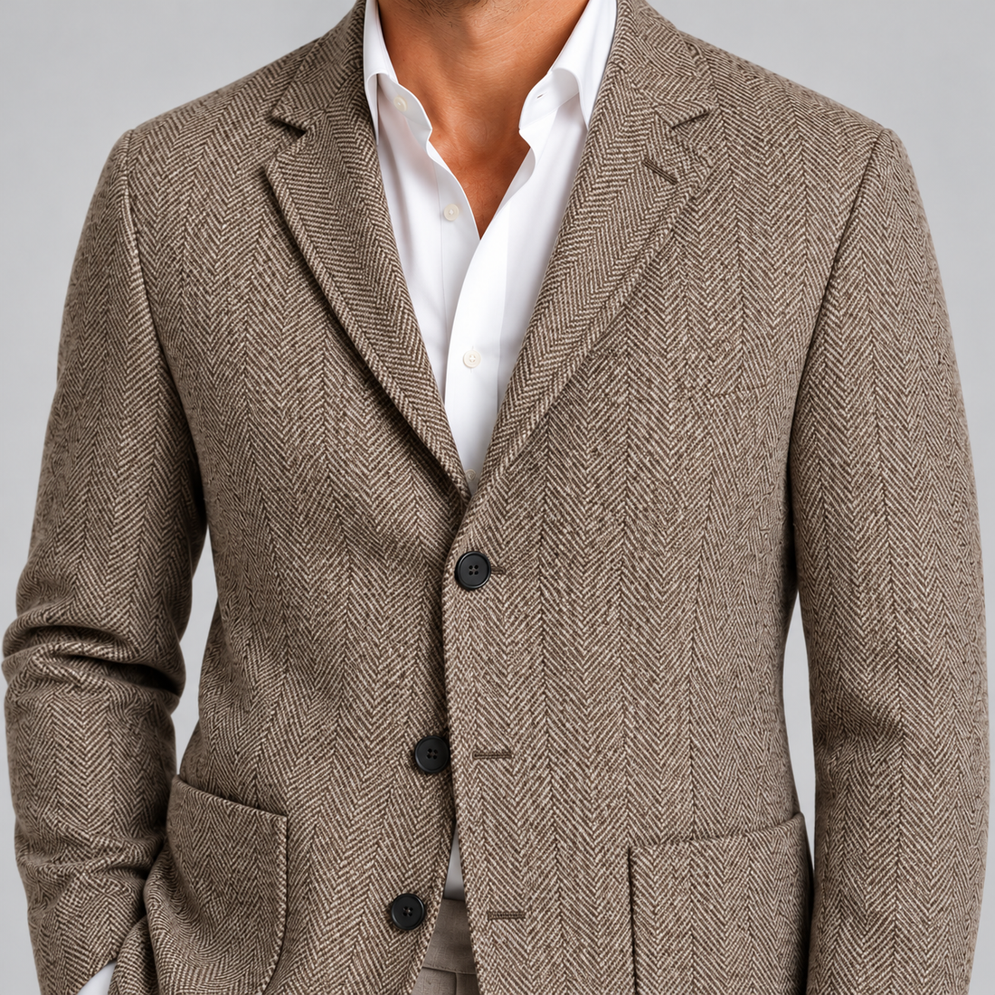 Montarello men's beige herringbone blazer, lapel and fabric detail