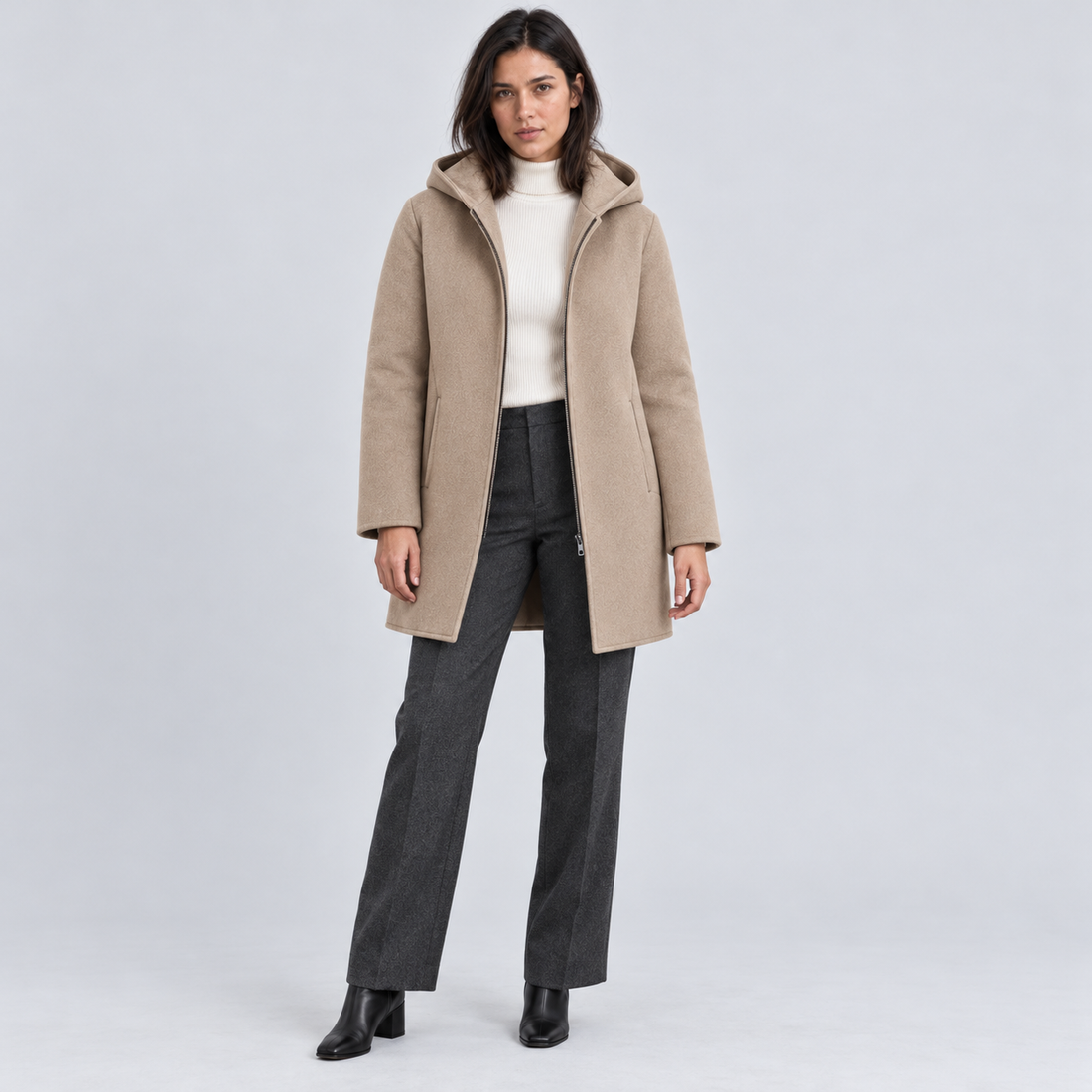Montarello Women's Hooded Coat with Full Zip — Beige — front view
