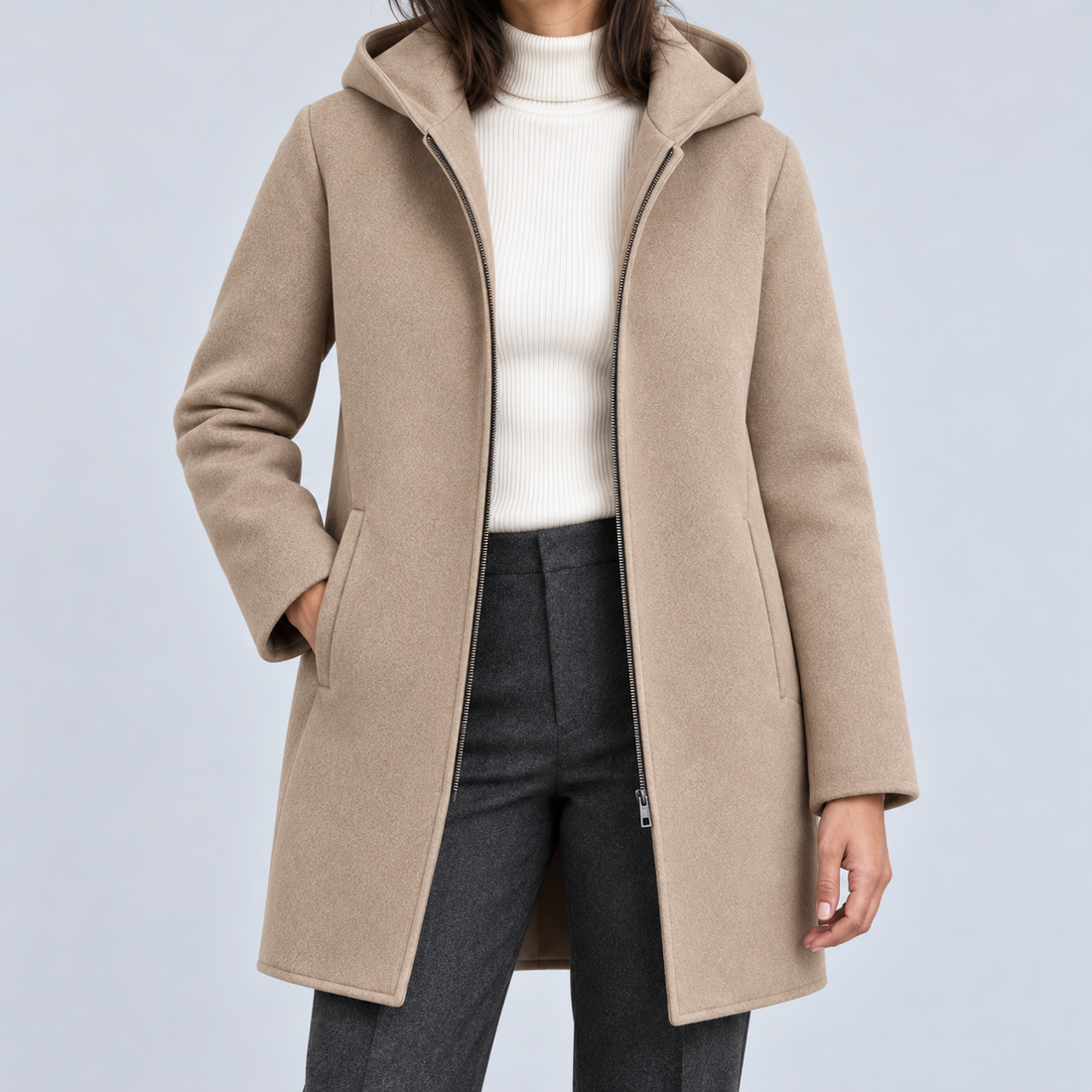 Montarello Women's Hooded Coat with Full Zip — Beige — torso view showing hood, zip and pockets