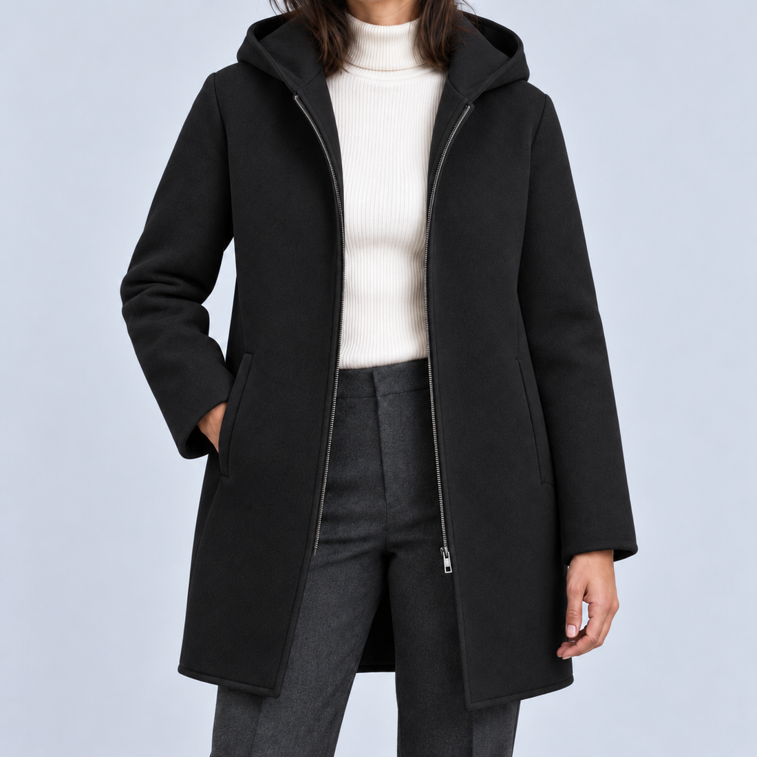 Montarello Women's Hooded Coat with Full Zip — Black — torso view showing hood, zip and pockets