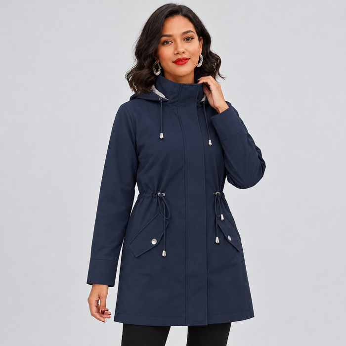 Montarello Women's Hooded Trench Coat Drawstring Waist – navy front view