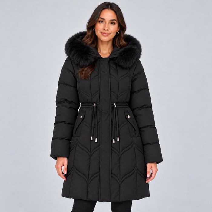 Montarello Women's Puffer Coat Faux Fur Hood Drawstring Waist - Black - main