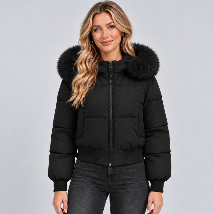 Montarello Women's Puffer Jacket Faux Fur Collar Full Zip - Black - main