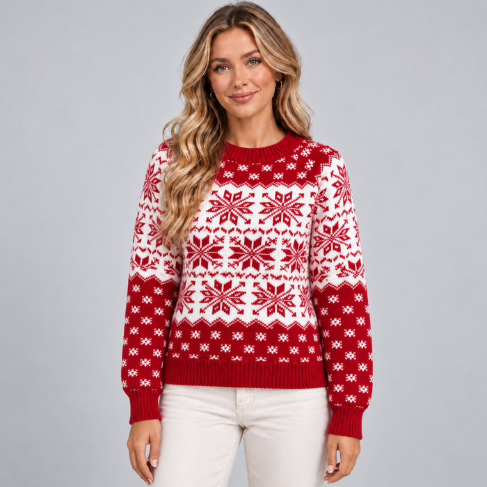 Montarello Women's Fair Isle Jumper Snowflake Christmas Knit - Red - main