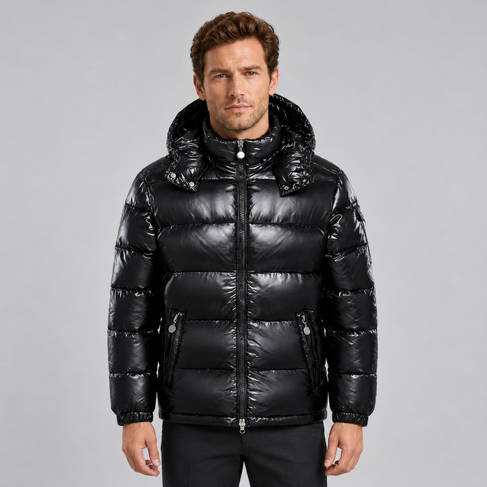 Montarello Men's Puffer Jacket Glossy Hooded Full Zip - Black - main