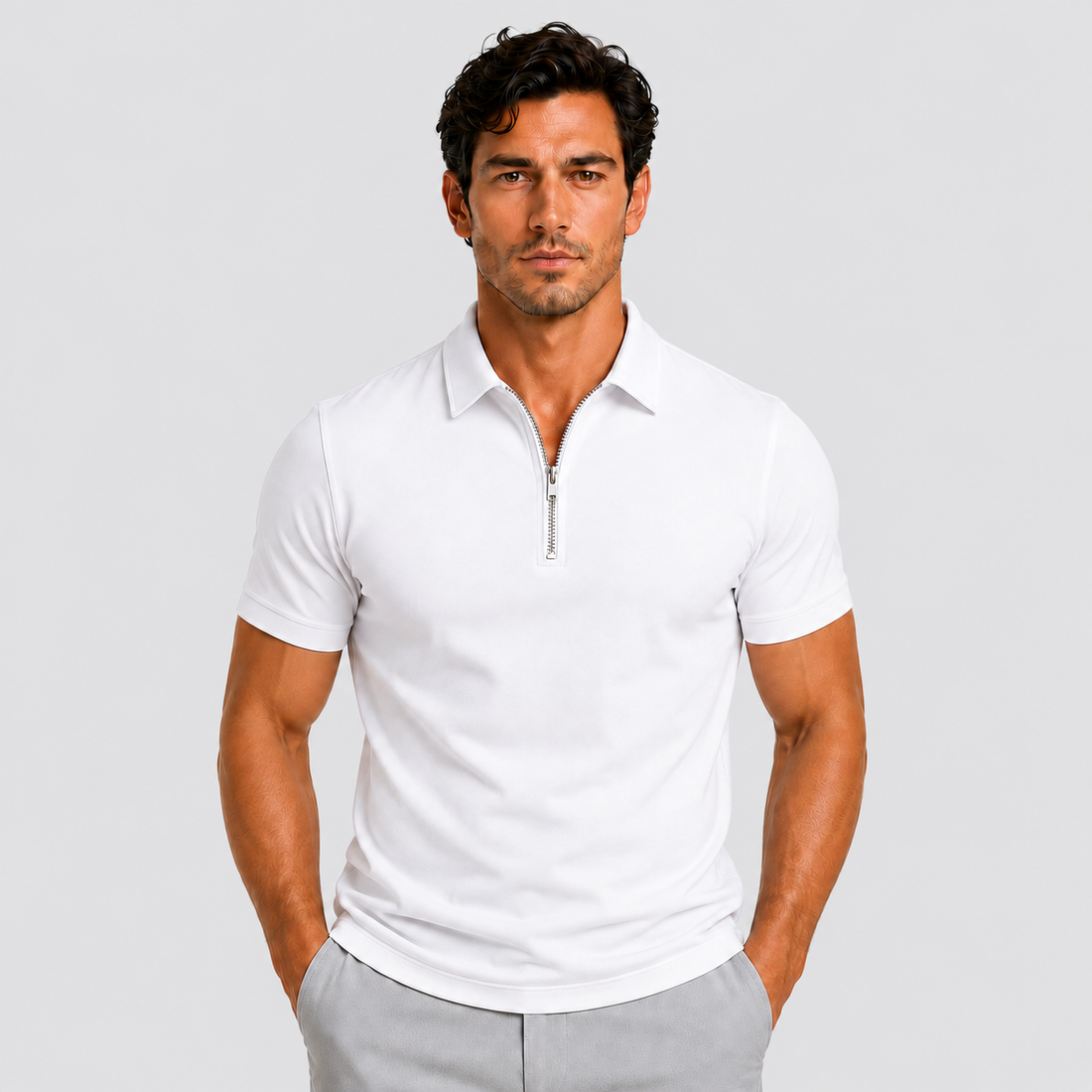 Montarello Men's Zip-Neck Slim-Fit Short-Sleeve Polo Shirt