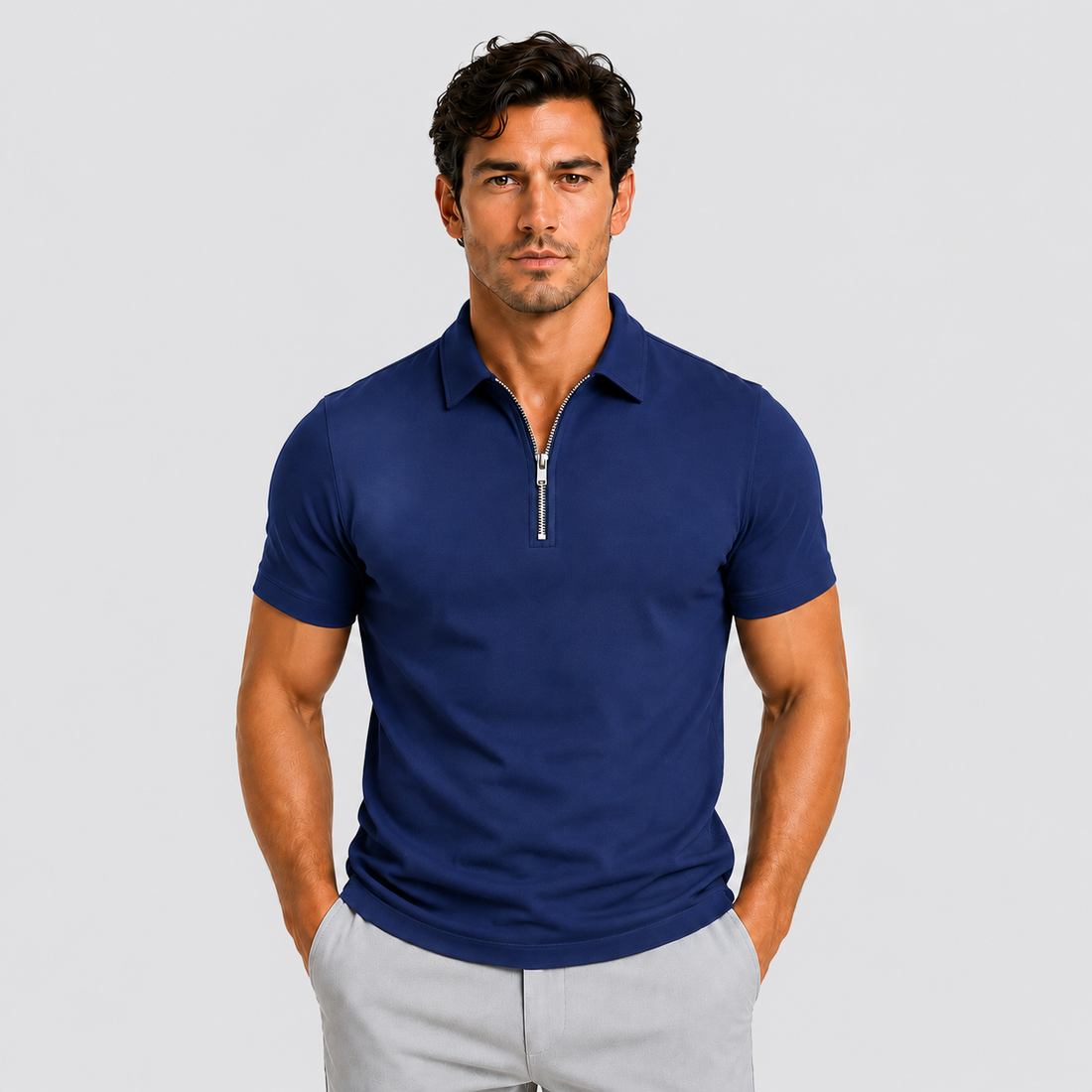 Montarello Men's Zip-Neck Slim-Fit Short-Sleeve Polo Shirt
