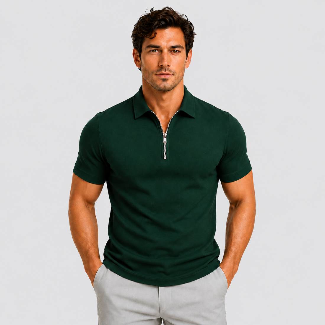 Montarello Men's Zip-Neck Slim-Fit Short-Sleeve Polo Shirt